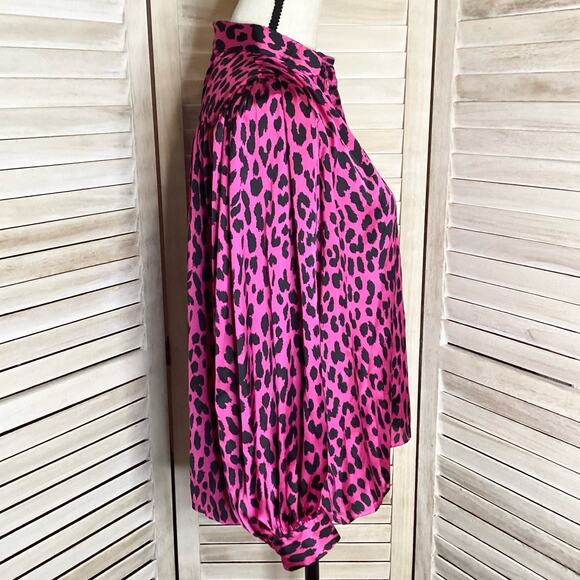Maje Fuchsia Pink Leopard Silky Gathered Shoulder Peter Pan Collar Blouse XS - Picture 8 of 12